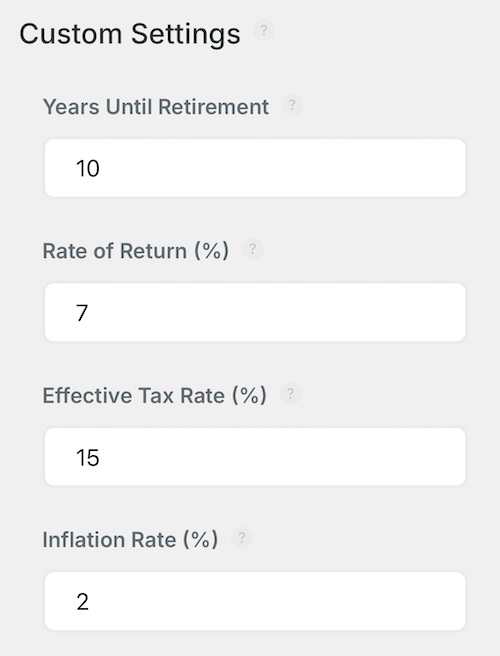 Default custom settings used for couple with $1,000,000 retirement savings plan